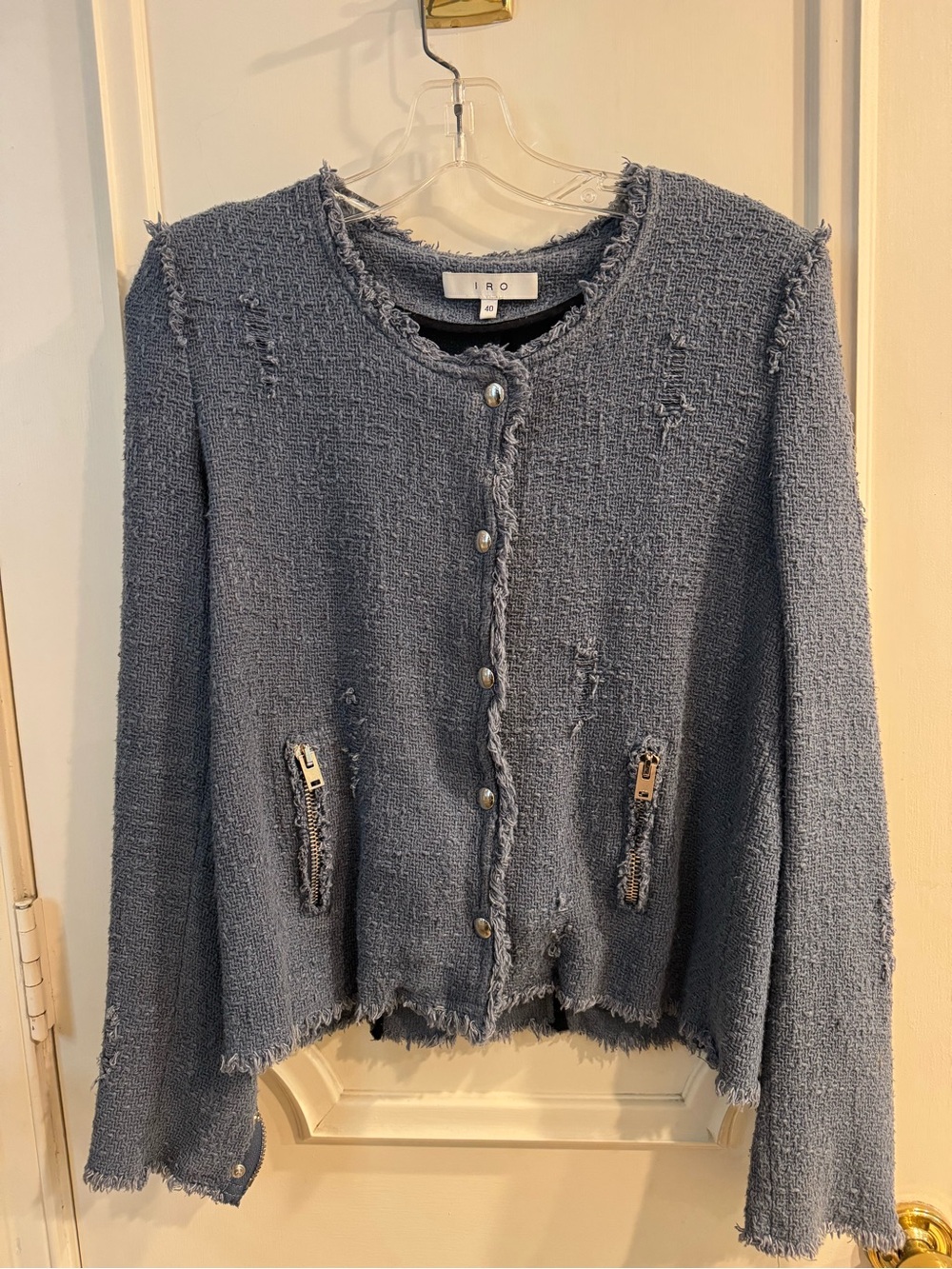 IRO Agnette Blue Distressed Boucle Tweed Jacket Snap Button Zip Cuffs Size 40